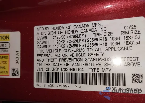 2025 Honda Cr-V Ex-L Awd from USA, damaged, VIN 2HKRS4H79SH491104